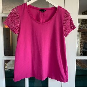 Lands' End Crochet Sleeve T-Shirt XS 2-4 Pink 100% Cotton Swing Style